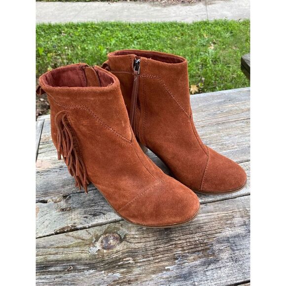 Toms Fringed Ankle Boot Rust Suede Boho Western Festival Booties Wm’s Sz 8 - Picture 1 of 7